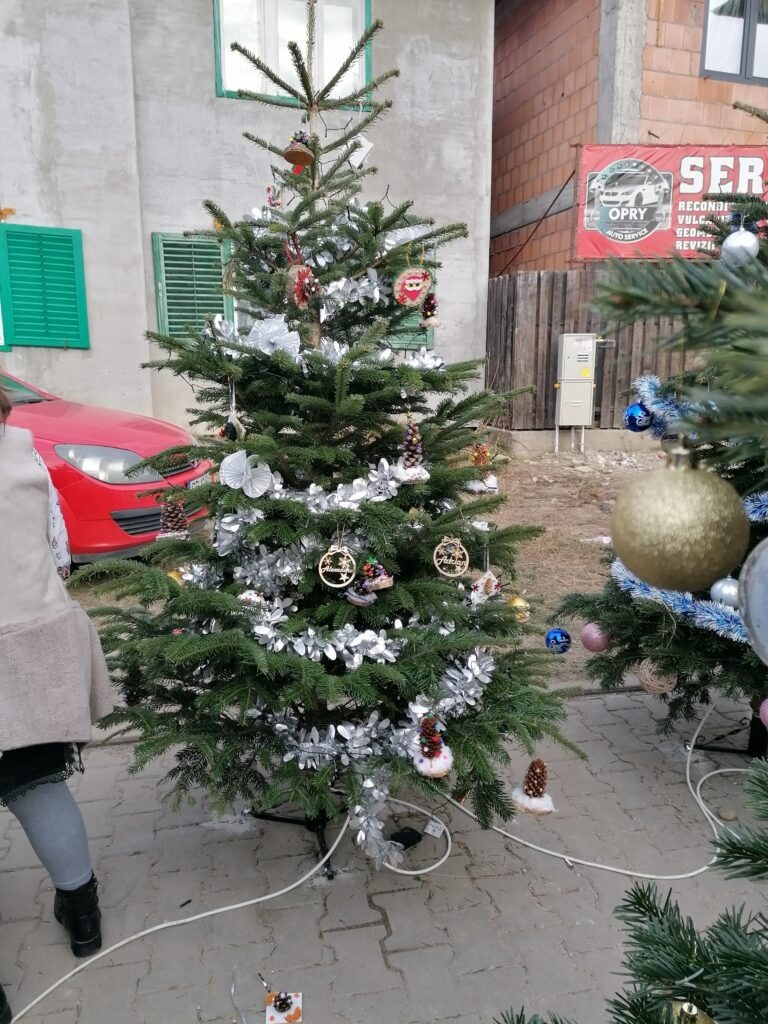 Brazii din Târgul de Crăciun din Șura Mare, împodobiți de elevi școlii din comună cu ornamente inedite realizate chiar de mânuțele lor