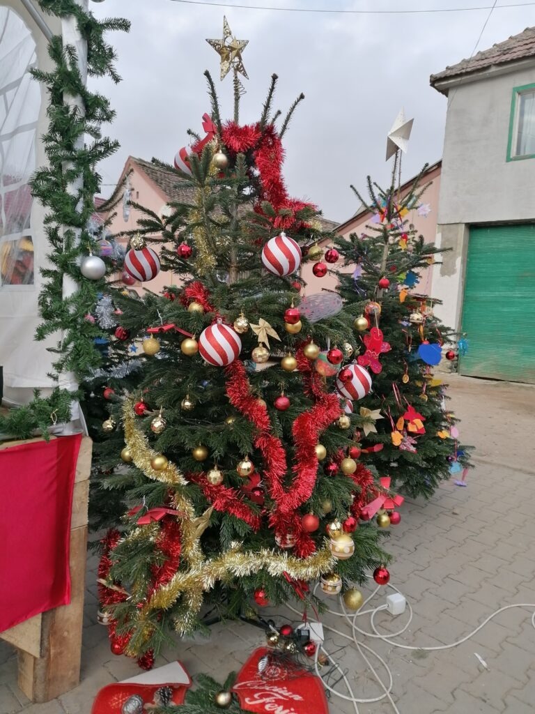 Brazii din Târgul de Crăciun din Șura Mare, împodobiți de elevi școlii din comună cu ornamente inedite realizate chiar de mânuțele lor