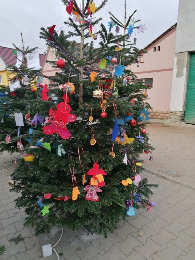 Brazii din Târgul de Crăciun din Șura Mare, împodobiți de elevi școlii din comună cu ornamente inedite realizate chiar de mânuțele lor