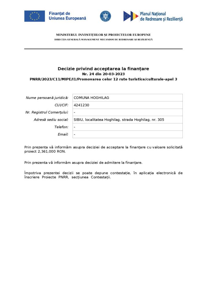 Reprezentanții Primăriei comunei Hoghilag au primit confirmarea deciziei privind promovarea uneia dintre cele 12 rute culturale/ turistice- apel 3
