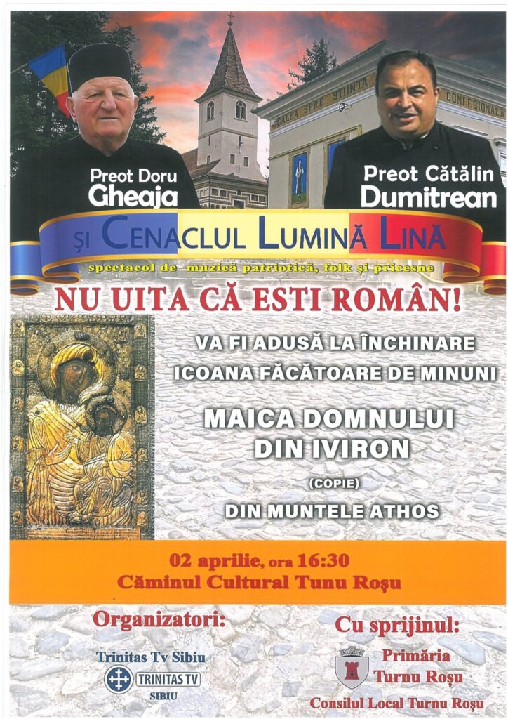 O copie a Icoanei Făcătoare de Minuni „Maica Domnului din Iviron” va putea fi expusă la Turnu Roșu în cadrul evenimentului cultural „Nu uita că ești Român!”