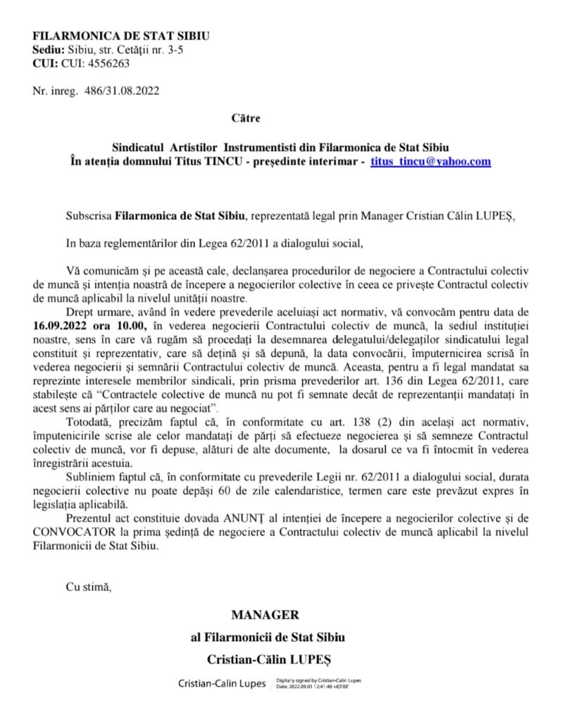 Referitor la comunicatul Sindicatului Artiștilor Instrumentiști din Filarmonica de Stat Sibiu (SAIFS) din 29 martie 2023, constatăm că situația în care se află acum Filarmonica de Stat Sibiu este paradoxală
