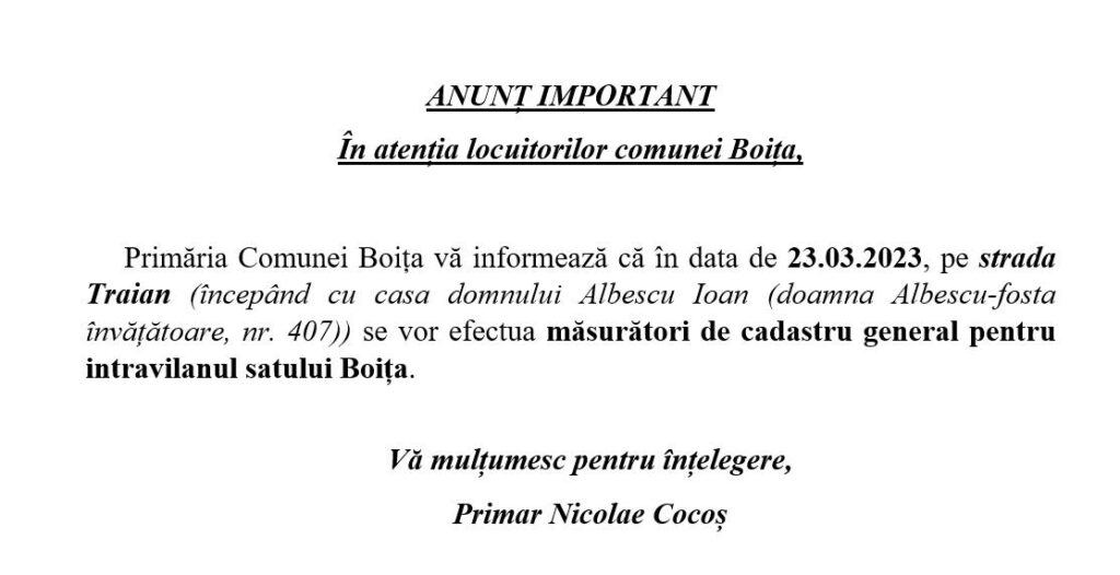 Măsurători de cadastrul general pentru intravilanul satului Boița