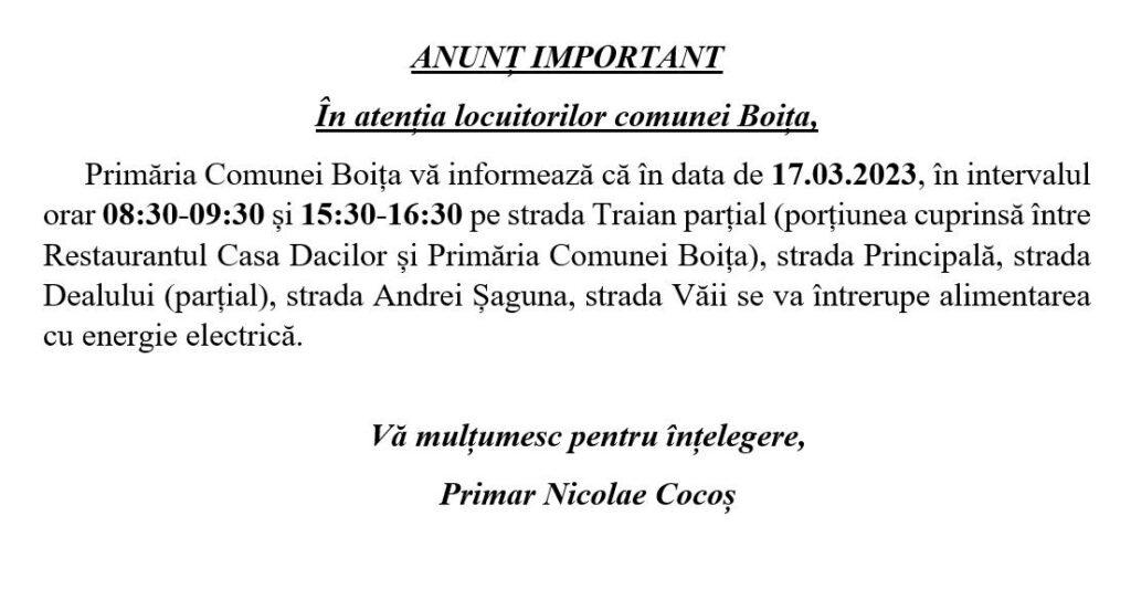 Se întrerupe parțial furnizarea energiei electrice în comuna Boița