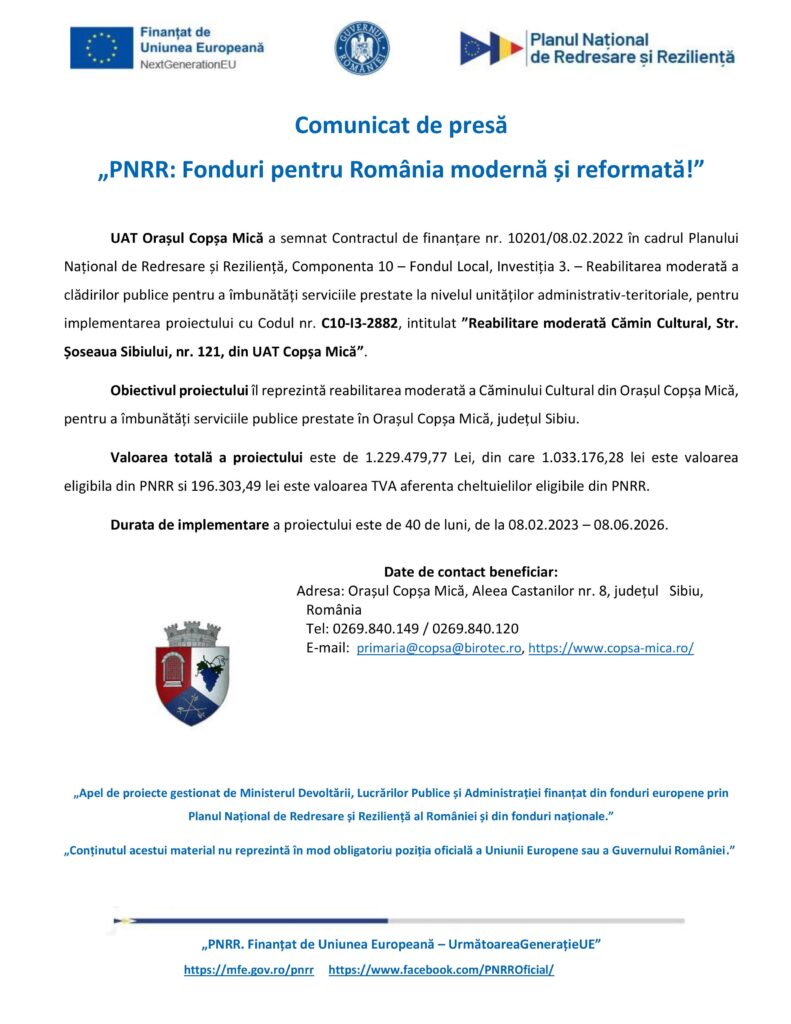 Orașul Copșa Mică a semnat Contractul de finanțare intitulat „Reabilitare moderată Cămin Cultural, Str. Șoseaua Sibiului, nr. 121, din UAT Copșa Mică”