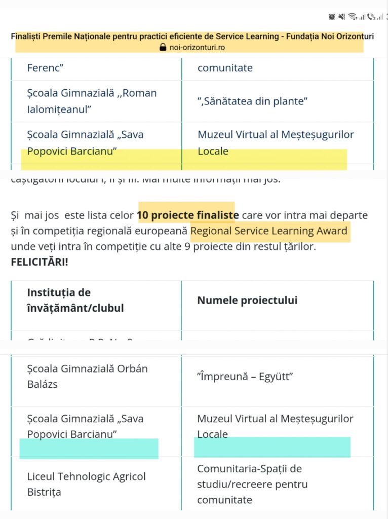 „Muzeul virtual al meșteșugurilor locale”, selectat în finala regională, de către Regional Service-Learning Award 