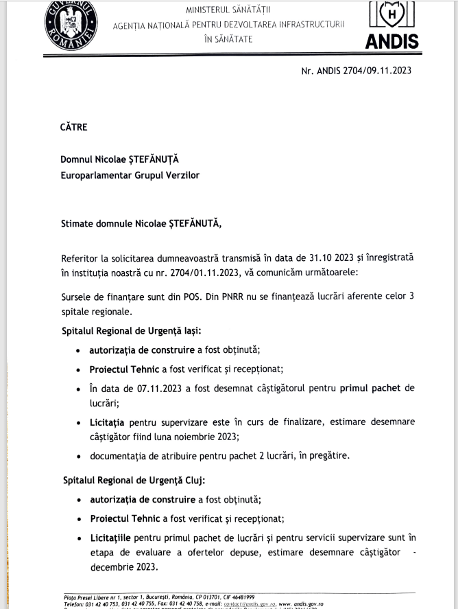 Nicu Ștefănuță: În privința celor 3 spitale regionale, toate întârziate, am primit următorul răspuns de la ANDIS