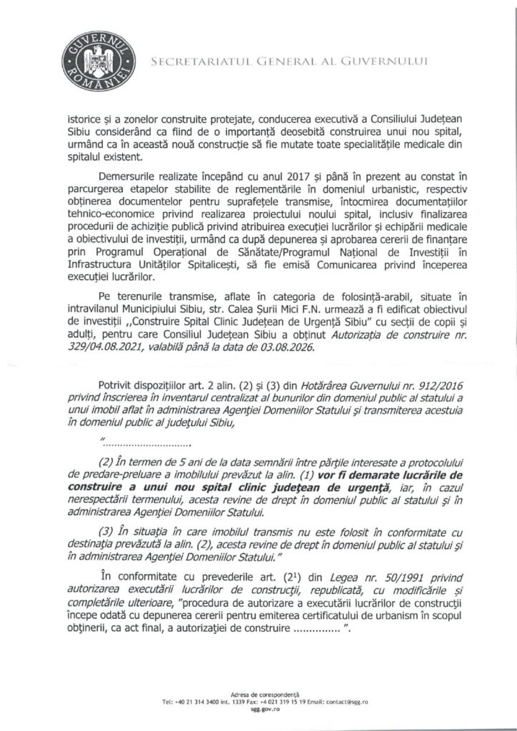Poziția Guvernului României privind situația terenului alocat construirii Noului Spital Județean