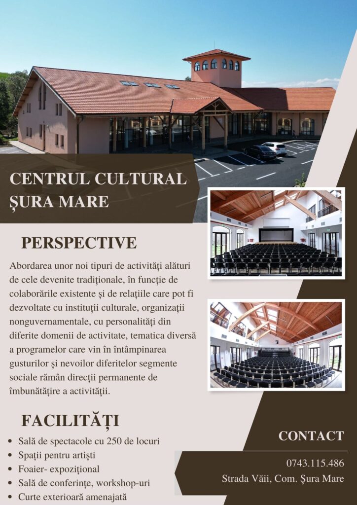 Sala de spectacole a Centrului Cultural Șura Mare, disponibilă pentru închiriere la evenimentele tale culturale
