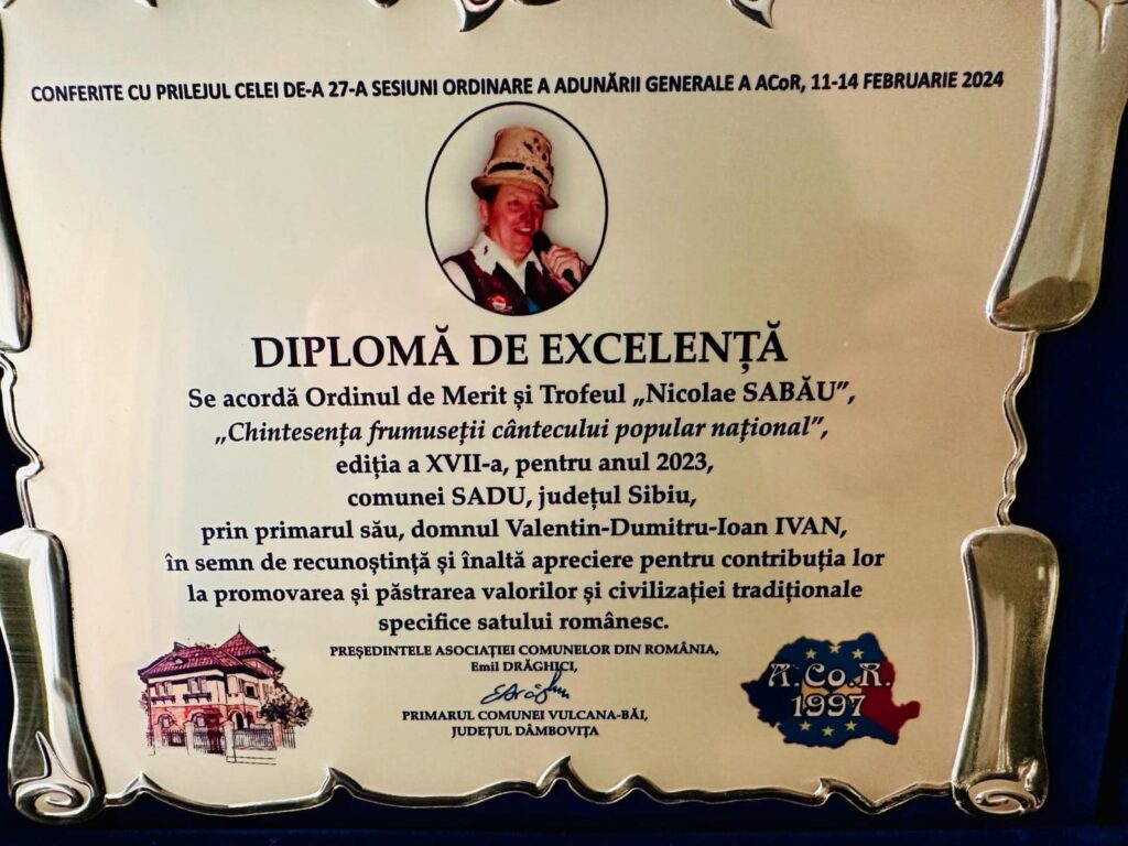 Comuna Sadu a fost distinsă cu prestigiosul Premiu „Nicolae SABĂU” pentru anul 2023