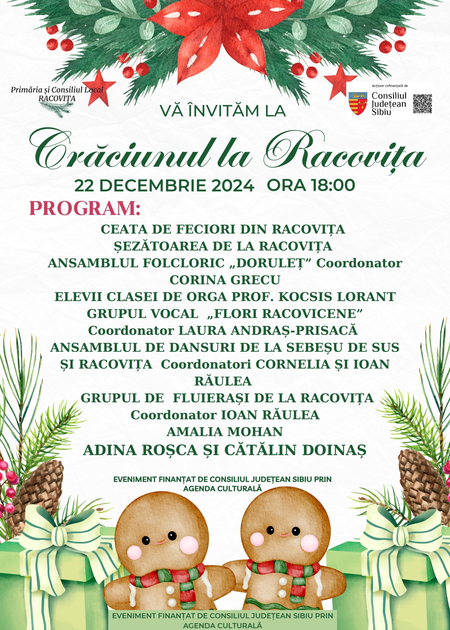 Primăria comunei Racovița: Vă invităm să ne bucurăm împreună de magia Crăciunului alături de copiii noștri din toate ansamblurile, de seniorii de la Șezătoare, de ceata de feciori și de tinerii talentați