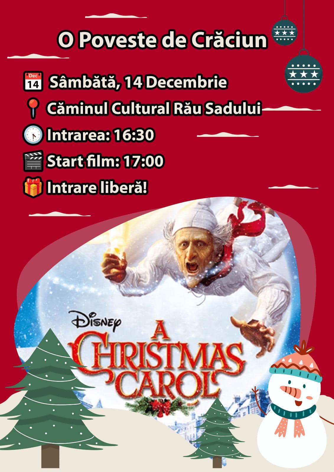 Daniel Minea: Vă invităm la Căminul Cultural pentru o proiectie de film de Crăciun pentru întreaga familie!